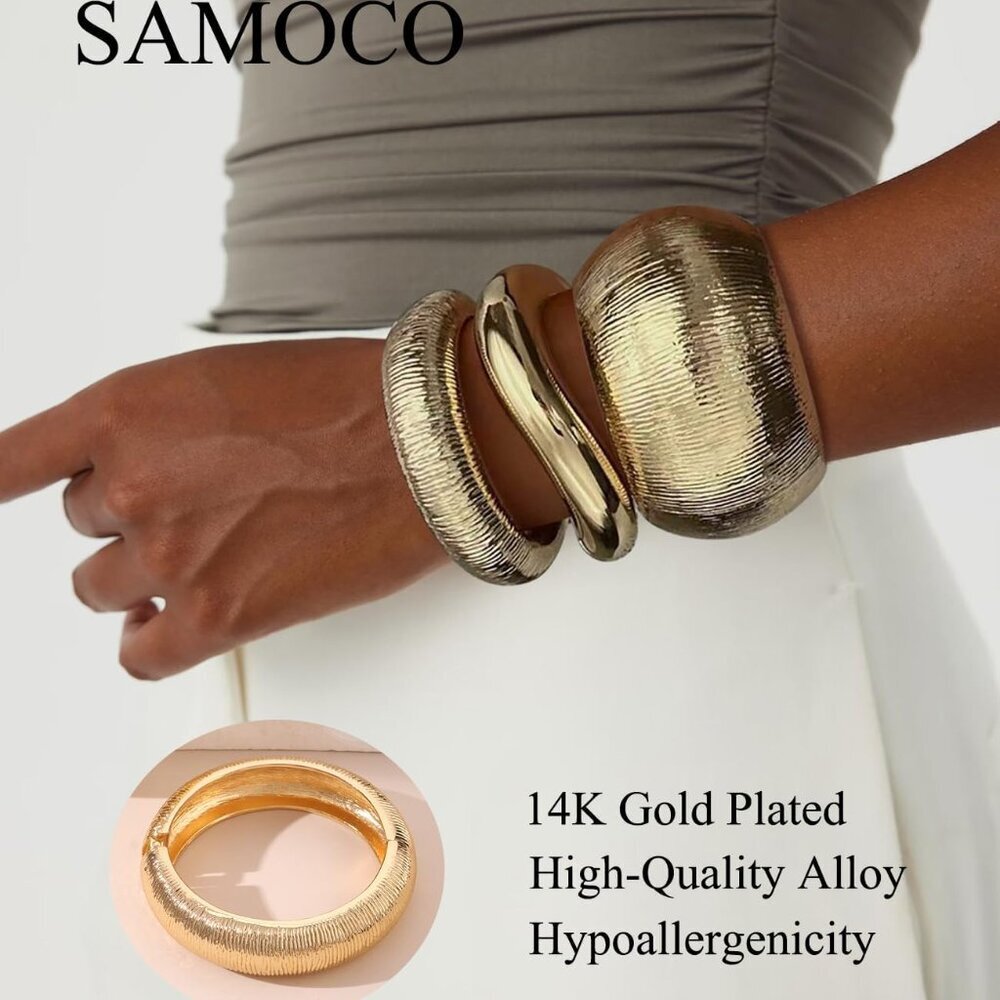 Gold Bangle Bracelets Stackable Wide Cuff Jewelry… - image 4